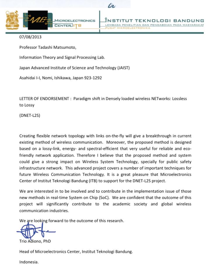 Letter of Endorsement DNET-L2S Project (2014-2019)