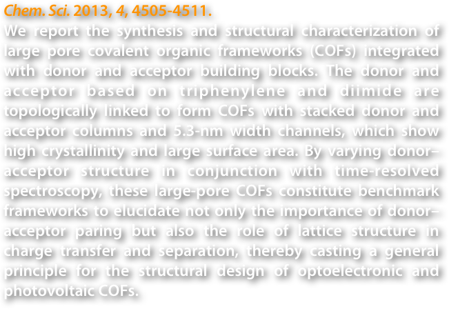 Chem. Sci. 2013, 4, 4505-4511.
We report the synthesis and structural characterization of large pore covalent organic frameworks (COFs) integrated with donor and acceptor building blocks. The donor and acceptor based on triphenylene and diimide are topologically linked to form COFs with stacked donor and acceptor columns and 5.3-nm width channels, which show high crystallinity and large surface area. By varying donor–acceptor structure in conjunction with time-resolved spectroscopy, these large-pore COFs constitute benchmark frameworks to elucidate not only the importance of donor–acceptor paring but also the role of lattice structure in charge transfer and separation, thereby casting a general principle for the structural design of optoelectronic and photovoltaic COFs.