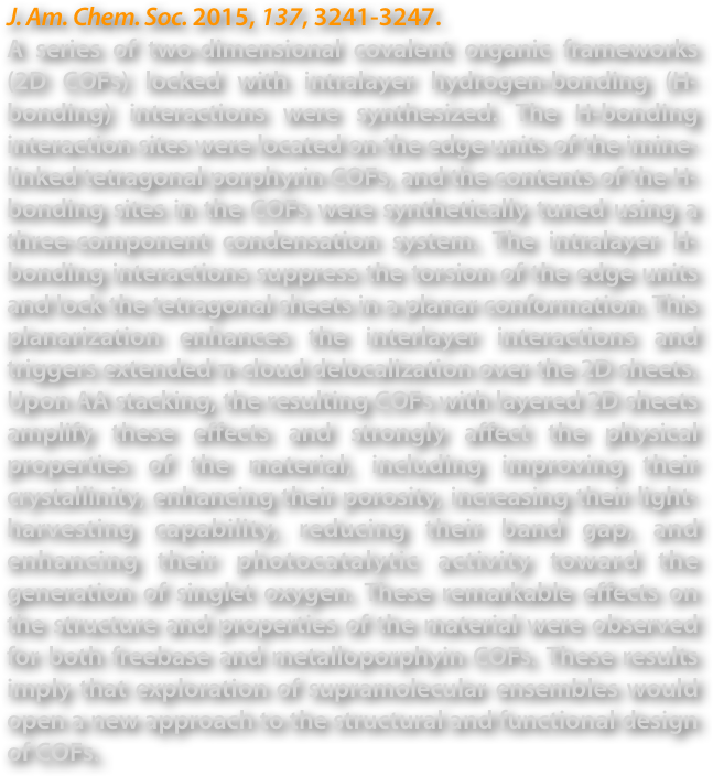 J. Am. Chem. Soc. 2015, 137, 3241-3247.
A series of two-dimensional covalent organic frameworks (2D COFs) locked with intralayer hydrogen-bonding (H-bonding) interactions were synthesized. The H-bonding interaction sites were located on the edge units of the imine-linked tetragonal porphyrin COFs, and the contents of the H-bonding sites in the COFs were synthetically tuned using a three-component condensation system. The intralayer H-bonding interactions suppress the torsion of the edge units and lock the tetragonal sheets in a planar conformation. This planarization enhances the interlayer interactions and triggers extended π-cloud delocalization over the 2D sheets. Upon AA stacking, the resulting COFs with layered 2D sheets amplify these effects and strongly affect the physical properties of the material, including improving their crystallinity, enhancing their porosity, increasing their light-harvesting capability, reducing their band gap, and enhancing their photocatalytic activity toward the generation of singlet oxygen. These remarkable effects on the structure and properties of the material were observed for both freebase and metalloporphyin COFs. These results imply that exploration of supramolecular ensembles would open a new approach to the structural and functional design of COFs.