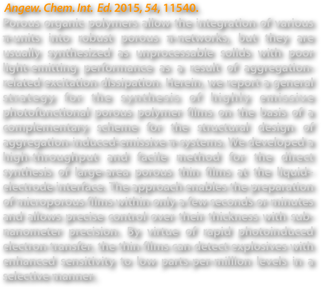  Angew. Chem. Int.  Ed. 2015, 54, 11540.
Porous organic polymers allow the integration of various π-units into robust porous π-networks, but they are usually synthesized as unprocessable solids with poor light-emitting performance as a result of aggregation-related excitation dissipation. Herein, we report a general strategy for the synthesis of highly emissive photofunctional porous polymer films on the basis of a complementary scheme for the structural design of aggregation-induced-emissive π-systems. We developed a high-throughput and facile method for the direct synthesis of large-area porous thin films at the liquid–electrode interface. The approach enables the preparation of microporous films within only a few seconds or minutes and allows precise control over their thickness with sub-nanometer precision. By virtue of rapid photoinduced electron transfer, the thin films can detect explosives with enhanced sensitivity to low parts-per-million levels in a selective manner.