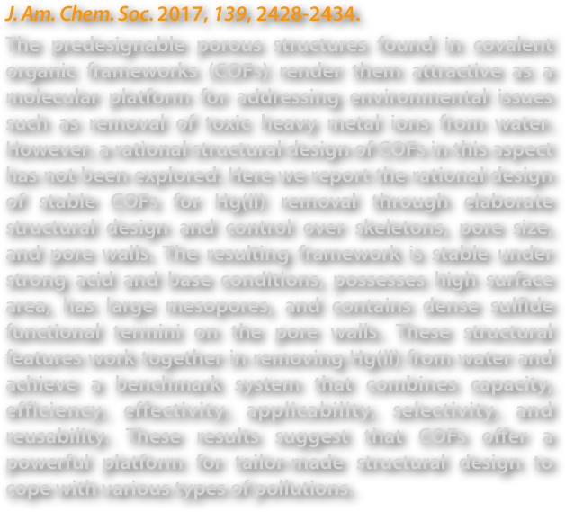 J. Am. Chem. Soc. 2017, 139, 2428-2434.
The predesignable porous structures found in covalent organic frameworks (COFs) render them attractive as a molecular platform for addressing environmental issues such as removal of toxic heavy metal ions from water. However, a rational structural design of COFs in this aspect has not been explored. Here we report the rational design of stable COFs for Hg(II) removal through elaborate structural design and control over skeletons, pore size, and pore walls. The resulting framework is stable under strong acid and base conditions, possesses high surface area, has large mesopores, and contains dense sulfide functional termini on the pore walls. These structural features work together in removing Hg(II) from water and achieve a benchmark system that combines capacity, efficiency, effectivity, applicability, selectivity, and reusability. These results suggest that COFs offer a powerful platform for tailor-made structural design to cope with various types of pollutions.