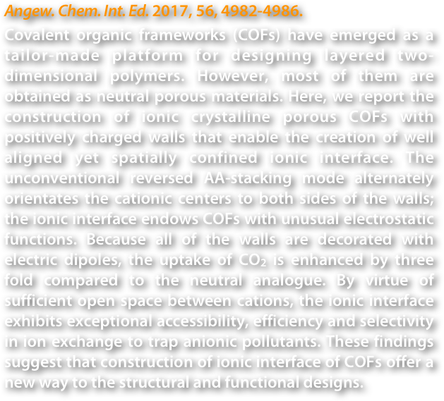 Angew. Chem. Int. Ed. 2017, 56, 4982-4986.
Covalent organic frameworks (COFs) have emerged as a tailor-made platform for designing layered two-dimensional polymers. However, most of them are obtained as neutral porous materials. Here, we report the construction of ionic crystalline porous COFs with positively charged walls that enable the creation of well aligned yet spatially confined ionic interface. The unconventional reversed AA-stacking mode alternately orientates the cationic centers to both sides of the walls; the ionic interface endows COFs with unusual electrostatic functions. Because all of the walls are decorated with electric dipoles, the uptake of CO2 is enhanced by three fold compared to the neutral analogue. By virtue of sufficient open space between cations, the ionic interface exhibits exceptional accessibility, efficiency and selectivity in ion exchange to trap anionic pollutants. These findings suggest that construction of ionic interface of COFs offer a new way to the structural and functional designs.