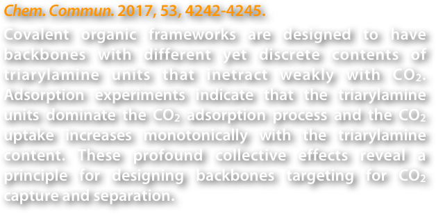 Chem. Commun. 2017, 53, 4242-4245.
Covalent organic frameworks are designed to have backbones with different yet discrete contents of triarylamine units that inetract weakly with CO2. Adsorption experiments indicate that the triarylamine units dominate the CO2 adsorption process and the CO2 uptake increases monotonically with the triarylamine content. These profound collective effects reveal a principle for designing backbones targeting for CO2 capture and separation.