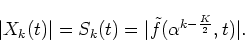 \begin{displaymath}\vert X_k(t)\vert=S_k(t)=\vert\tilde{f}(\alpha^{k-\frac{K}{2}},t)\vert.
\end{displaymath}