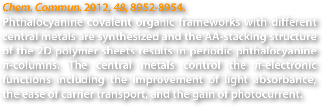 Chem. Commun. 2012, 48, 8952-8954.
Phthalocyanine covalent organic frameworks with different central metals are synthesized and the AA-stacking structure of the 2D polymer sheets results in periodic phthalocyanine π-columns. The central metals control the π-electronic functions including the improvement of light absorbance, the ease of carrier transport, and the gain of photocurrent.