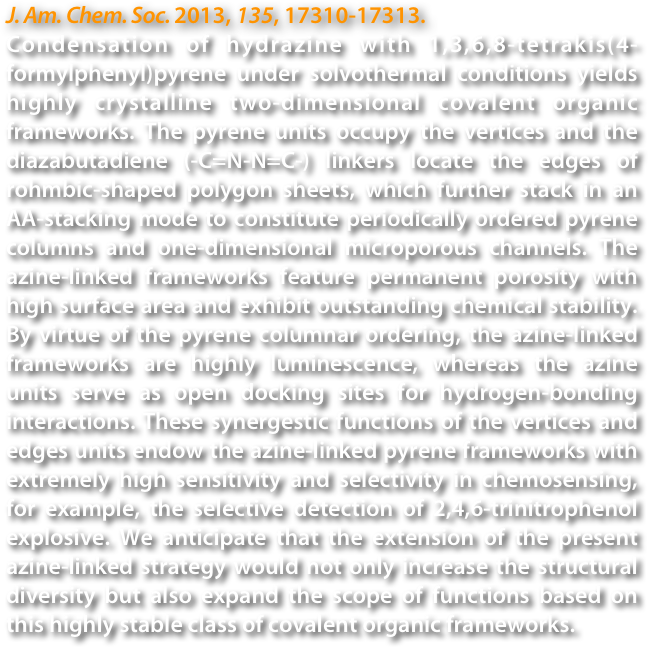 J. Am. Chem. Soc. 2013, 135, 17310-17313.
Condensation of hydrazine with 1,3,6,8-tetrakis(4-formylphenyl)pyrene under solvothermal conditions yields highly crystalline two-dimensional covalent organic frameworks. The pyrene units occupy the vertices and the diazabutadiene (-C=N-N=C-) linkers locate the edges of rohmbic-shaped polygon sheets, which further stack in an AA-stacking mode to constitute periodically ordered pyrene columns and one-dimensional microporous channels. The azine-linked frameworks feature permanent porosity with high surface area and exhibit outstanding chemical stability. By virtue of the pyrene columnar ordering, the azine-linked frameworks are highly luminescence, whereas the azine units serve as open docking sites for hydrogen-bonding interactions. These synergestic functions of the vertices and edges units endow the azine-linked pyrene frameworks with extremely high sensitivity and selectivity in chemosensing, for example, the selective detection of 2,4,6-trinitrophenol explosive. We anticipate that the extension of the present azine-linked strategy would not only increase the structural diversity but also expand the scope of functions based on this highly stable class of covalent organic frameworks.