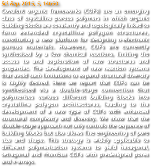 Sci. Rep. 2015, 5, 14650.
Covalent organic frameworks (COFs) are an emerging class of crystalline porous polymers in which organic building blocks are covalently and topologically linked to form extended crystalline polygon structures, constituting a new platform for designing π-electronic porous materials. However, COFs are currently synthesised by a few chemical reactions, limiting the access to and exploration of new structures and properties. The development of new reaction systems that avoid such limitations to expand structural diversity is highly desired. Here we report that COFs can be synthesised via a double-stage connection that polymerises various different building blocks into crystalline polygon architectures, leading to the development of a new type of COFs with enhanced structural complexity and diversity. We show that the double-stage approach not only controls the sequence of building blocks but also allows fine engineering of pore size and shape. This strategy is widely applicable to different polymerisation systems to yield hexagonal, tetragonal and rhombus COFs with predesigned pores and π-arrays.
