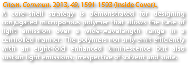  Chem. Commun. 2013, 49, 1591-1593 (Inside Cover).
A core–shell strategy is demonstrated for designing conjugated microporous polymer that allows the tune of light emission over a wide-wavelength range in a controlled manner. The polymers not only emit efficiently with an eight-fold enhanced luminescence but also sustain light emissions, irrespective of solvent and state.