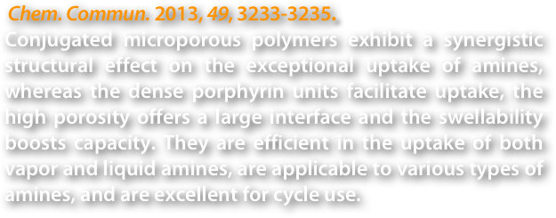  Chem. Commun. 2013, 49, 3233-3235.
Conjugated microporous polymers exhibit a synergistic structural effect on the exceptional uptake of amines, whereas the dense porphyrin units facilitate uptake, the high porosity offers a large interface and the swellability boosts capacity. They are efficient in the uptake of both vapor and liquid amines, are applicable to various types of amines, and are excellent for cycle use.