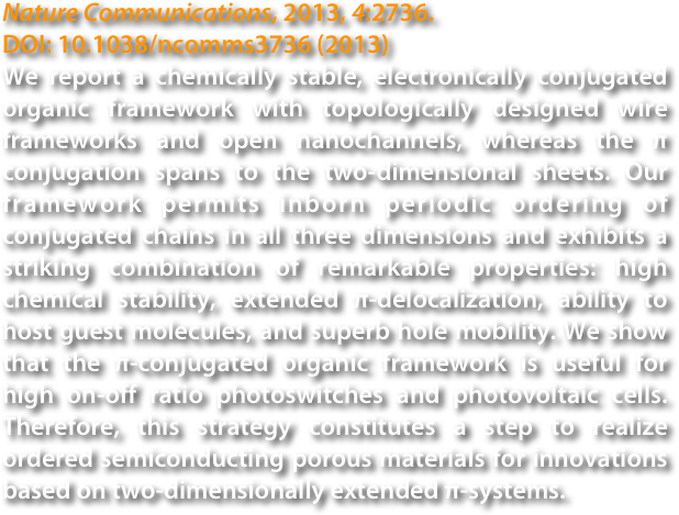 Nature Communications, 2013, 4:2736.
DOI: 10.1038/ncomms3736 (2013)
We report a chemically stable, electronically conjugated organic framework with topologically designed wire frameworks and open nanochannels, whereas the π conjugation spans to the two-dimensional sheets. Our framework permits inborn periodic ordering of conjugated chains in all three dimensions and exhibits a striking combination of remarkable properties: high chemical stability, extended π-delocalization, ability to host guest molecules, and superb hole mobility. We show that the π-conjugated organic framework is useful for high on-off ratio photoswitches and photovoltaic cells. Therefore, this strategy constitutes a step to realize ordered semiconducting porous materials for innovations based on two-dimensionally extended π-systems.