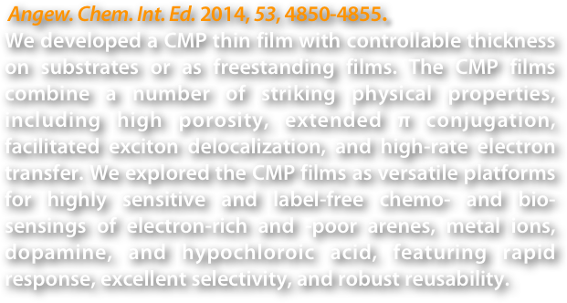  Angew. Chem. Int. Ed. 2014, 53, 4850-4855.
We developed a CMP thin film with controllable thickness on substrates or as freestanding films. The CMP films combine a number of striking physical properties, including high porosity, extended π conjugation, facilitated exciton delocalization, and high-rate electron transfer. We explored the CMP films as versatile platforms for highly sensitive and label-free chemo- and bio-sensings of electron-rich and -poor arenes, metal ions, dopamine, and hypochloroic acid, featuring rapid response, excellent selectivity, and robust reusability.