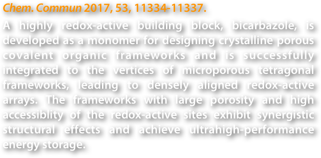 Chem. Commun 2017, 53, 11334-11337. 
A highly redox-active building block, bicarbazole, is developed as a monomer for designing crystalline porous covalent organic frameworks and is successfully integrated to the vertices of microporous tetragonal frameworks, leading to densely aligned redox-active arrays. The frameworks with large porosity and high accessiblity of the redox-active sites exhibit synergistic structural effects and achieve ultrahigh-performance energy storage.